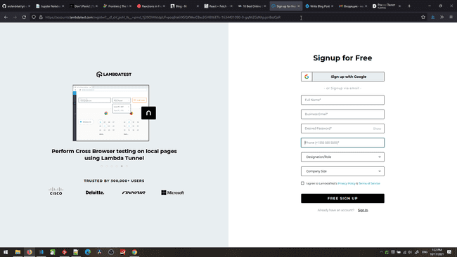 Sign up screen to Lambdatest