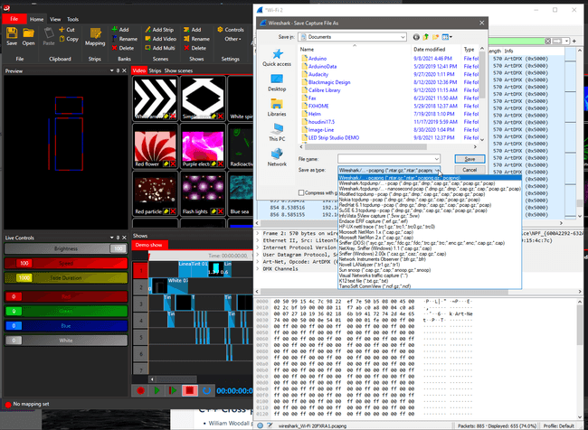 screenshot of the capturing process where Wireshark and LED Strip Studio are open