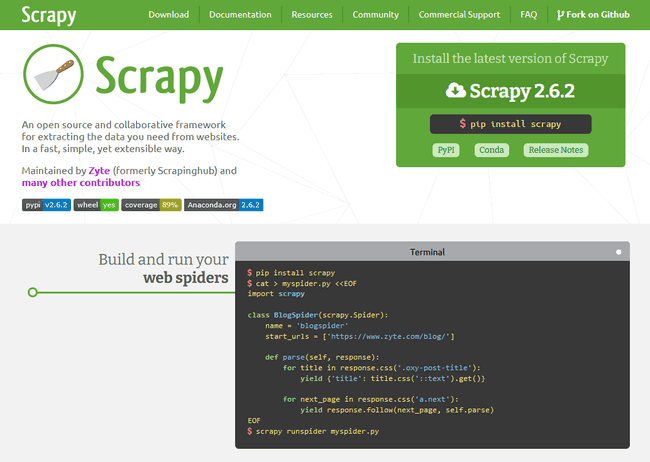 Scrapy's home page